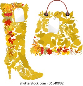 Boots and bags from autumn leaves. All elements and textures are individual objects. Vector illustration scale to any size.