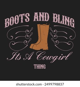 Stiefel und Ballen es ist ein Land Mädchen Sache. Country Girl Retro Vintage Typografie Design mit Slogan Grunge.