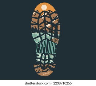 Boots design, pain tree. Summer camp. Go wild. Extreme adventure artwork for poster, sticker, background and others. 