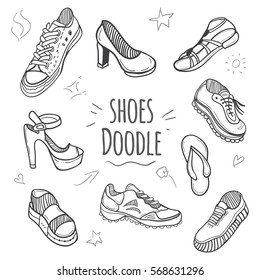 Boots doodle collection. Set of doodle shoes with sneakers, loafers, flip flops and sandals.Vector black and white illustration.