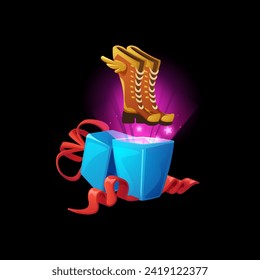 Boots fly out of the blue gift box, game design element, cartoon style vector illustration isolated on black. Object for game interface. Magic present, fairy light and shoes, level reward or bonus.