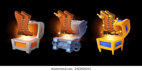 Boots fly out of the chests, game design elements, cartoon style vector illustration on black. Set of magic treasure box, fairy light and shoes, level reward. Objects for app, ui and game interface
