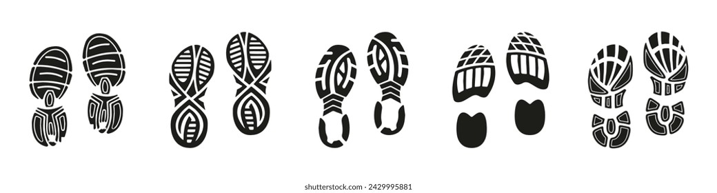 Boots footprints human shoes icon collection. Set of black prints of shoes. Black imprint soles shoes icon collection. Set of footprints stamped icons