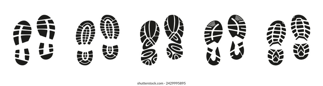 Boots footprints human shoes icon collection. Set of black prints of shoes. Black imprint soles shoes icon collection. Set of footprints stamped icons