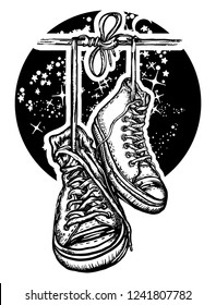 Boots hanging from electrical wire tattoo and t-shirt design. Symbol of freedom, street culture, graffiti 