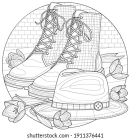 Boots, hat and tulips.Coloring book antistress for children and adults. Zen-tangle style.Black and white drawing.Hand draw