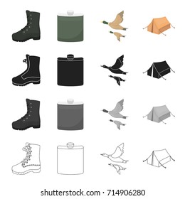 Boots, a hunting flask, a flight of ducks, a tent for rest. Hunting set collection icons in cartoon black monochrome outline style vector symbol stock illustration web.