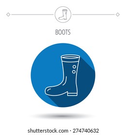 Boots icon. Garden rubber shoes sign. Waterproof wear symbol. Blue flat circle button. Linear icon with shadow. Vector