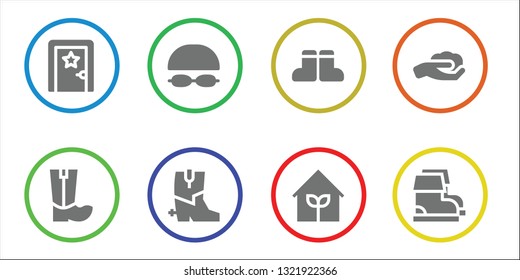 boots icon set. 8 filled boots icons.  Collection Of - Dressing room, Boots, Goggles, Garden, Gardening