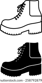 Boots Icons. Black and White Vector Illustration. Ankle Length Shoes. Fashion and Clothing Concept