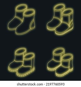 Boots icons set. Isometric set of boots vector icons neon color on black