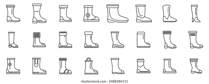 Boots icons set. Large set of waterproof boots icons showing different styles and protection levels for various uses