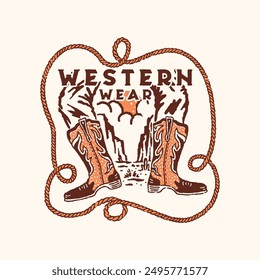 boots illustration cowboy graphic rope design western vintage rodeo badge valley cartoon