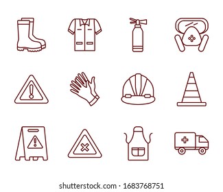 boots and industrial security icon set over white background, line style, vector illustration