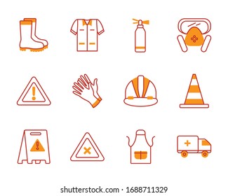 Stiefel und Symbol für Industriesicherheit auf weißem Hintergrund, Halbzeitehalber-Stil, Vektorillustration-Illustration