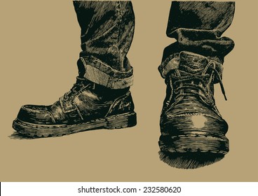 boots and jeans. engraving style. vector illustration.