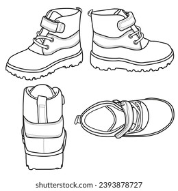 Boots for kid's vector sketch illustration. Hand-drawn collection, top, back, and side view isolated on a white background.