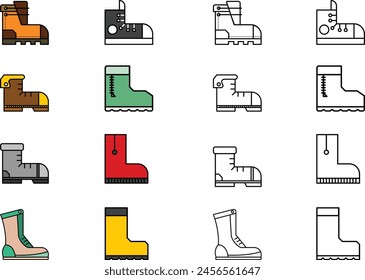 Boots line icon set. ankle high boots, cowboy boots, hiking footwear, rain boots minimal vector illustrations. Simple outline signs for fashion application.