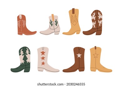 Сowboy boots with ornament.  Wild West theme. Hand drawn colored trendy Vector isolated illustration.