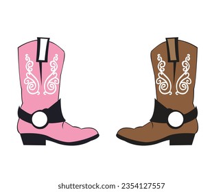 Сowboy boots with ornament. Wild West theme. Hand drawn colored trendy Vector isolated illustration.