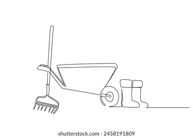 boots rake wheelbarrow gardening work one line art design vector