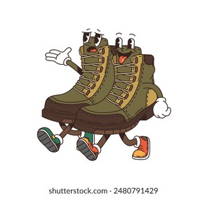 Boots retro groovy cartoon travel characters, camp and tourism footwear personages. Isolated vector pair of footgear with happy sad or face and tongues out, walking joyfully ready for hiking adventure