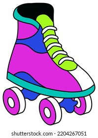 Boots for roller skating, retro shoes with small wheels attached for gliding on surfaces. Hobby and entertainment fun of teens. Isolated 1990s sticker or 90s patch, logo part. Vector in flat style