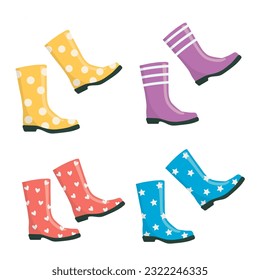 Boots rubber vector. Colored rubber boots vector icon set. Rain boots cartoon illustration isolated on white background.