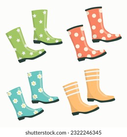 Boots rubber vector. Colored rubber boots vector icon set. Rain boots cartoon illustration isolated on white background.