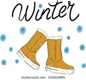 boots snow vector isolated illustration on white background. Concept for logo, icon, web design, cards 