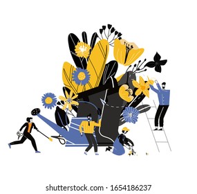 boots, watering can, pruning shears, garden spatula and flowers on white background, gardeners taking care of the garden, growing and studying plants in nature, clean ecology, garden tools. Vector 
