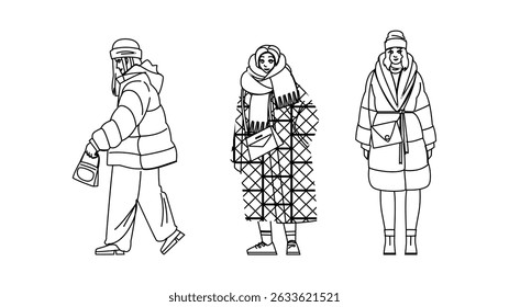 boots woman winter fashion vector. scarf jacket, hat cardigan, turtleneck leggings boots woman winter fashion character. people black line pencil drawing illustration