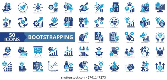 bootstrapping icon set flat style illustration. containing self-funding, lean startup, growth hacking, capital efficiency, early adoption, revenue stream, founder-driven, strategic planning