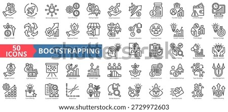 bootstrapping icon set outline style illustration. containing self-funding, lean startup, growth hacking, capital efficiency, early adoption, revenue stream, founder-driven, strategic planning