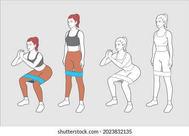 Entrenamiento de banda de booty. Una mujer haciendo squat con el bucle de la banda de resistencia. Gimnasio Femenino.
Ejercicio para piernas y glúteos. Formación en el hogar. Las nalgas refuerzan la rutina. Haciendo caderas de manzana.