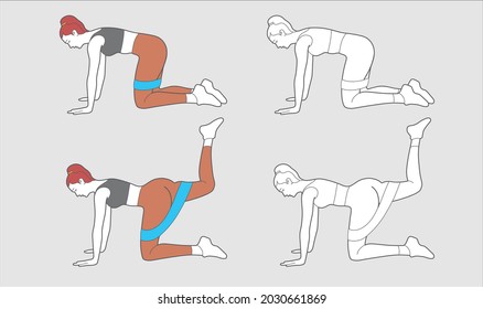 Entrenamiento de banda de booty. Una mujer haciendo patadas de burro con una banda de resistencia. Gimnasio Femenino.
Ejercicio para piernas y glúteos. Formación en el hogar. Las nalgas refuerzan la rutina. Haciendo caderas de manzana.