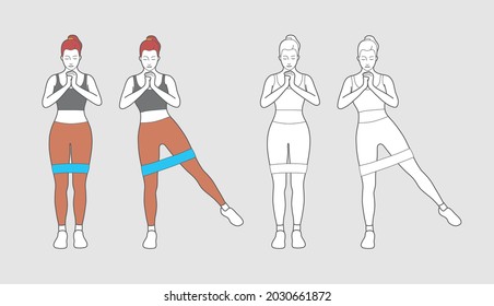 Booty band workout. A woman doing the side leg kick with a resistance band loop. Female Fitness.
Exercise for legs and glutes. Home training.