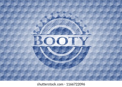 Booty blue badge with geometric pattern background.