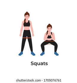 Booty Or Glutes Workout With Resistance Bands. Squats Concept. Stay Home And Do Sport. Flat Vector Cartoon Modern Illustration.