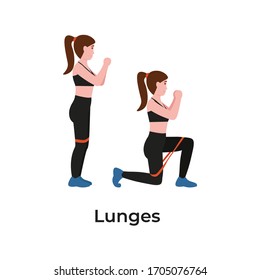 Booty Or Glutes Workout With Resistance Bands. Lunges Concept. Stay Home And Do Sport. Flat Vector Cartoon Modern Illustration.