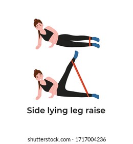 Booty Or Glutes Workout With Resistance Bands. Side Lying Leg Raise, Lateral Leg Lifts. Stay Home And Do Sport. Flat Vector Cartoon Modern Illustration.