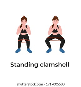 Booty Or Glutes Workout With Resistance Bands. Standing Clamshell. Stay Home And Do Sport. Flat Vector Cartoon Modern Illustration.