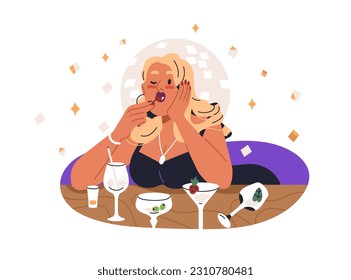 Boozy drunken woman drinking alcohol cocktails, relaxing in night club. Drunk addicted girl at party with excessive wineglasses, shots on table. Flat vector illustration isolated on white background