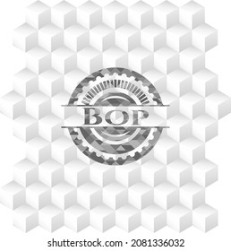 Bop realistic grey emblem with geometric cube white background. 