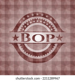 Bop red seamless emblem or badge with geometric pattern background. 