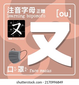 Bopomofo is Mandarin Phonetic Symbols, also named Zhuyin. Consisting of 37 characters and five tones. [ou] The Chinese characters means: Bopomofo in Regular format. Stroke order. Face masks.