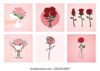 Boquet of roses and lily flowers vector illustration with flat, line art, watercolor, and outline style design collection set