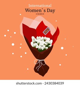  A boquet of white roses with card "For you". Roses bouquet wrapping in white, red, brown peper and white ribbon. Happy International Women`s Day. 8th March. Design element for greeting card. Vector