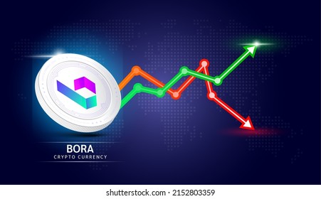 Moneda de BORA blanca. Símbolo de criptodivisa con gráfico de inversión en bolsa verde y rojo. Icono de moneda en fondo oscuro. Concepto de negocios de tendencias económicas. Ilustración vectorial 3D.