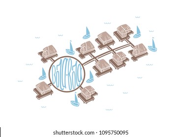 Bora Bora, French Polynesia. Isolated vector. Flat colorful illustration with lettering. Summerhouses, timber cottage, wooden villa suite. Romantic bungalow on water